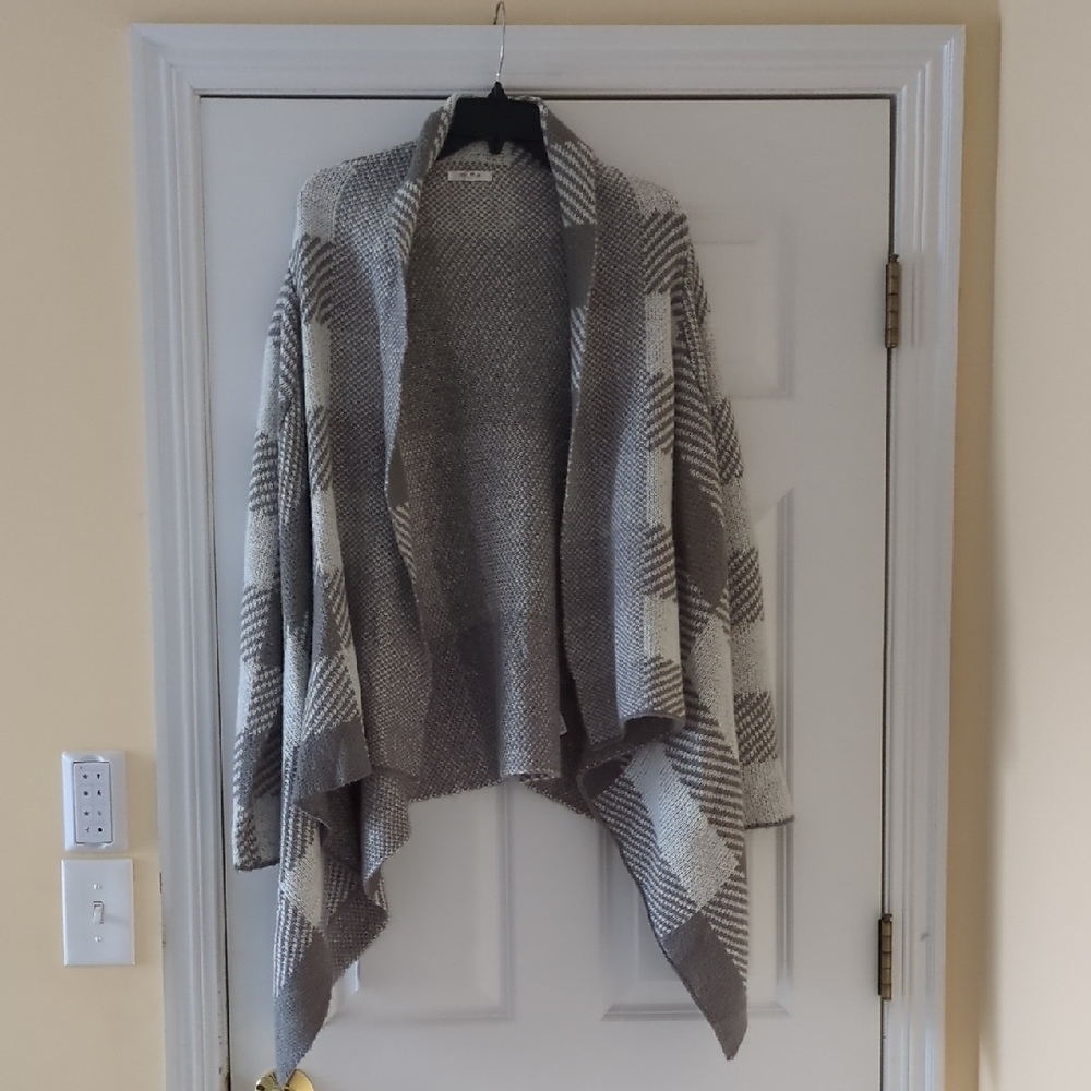 Plaid Open Front Gray Sweater